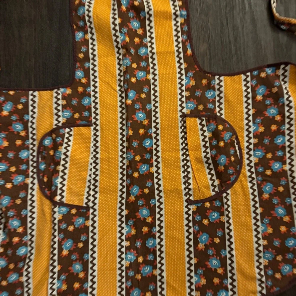 Vintage 2 Apron Set Smock Bib Floral Striped Brown Yellow Retro Mid Century